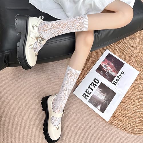 Women's Fishnet Crew Socks 4 Pairs Breathable Mesh Stack & Scrunch Long Calf Socks (US, Alpha, One Size, Regular, Regular, 24-18-black white red purple-4 Paris)4