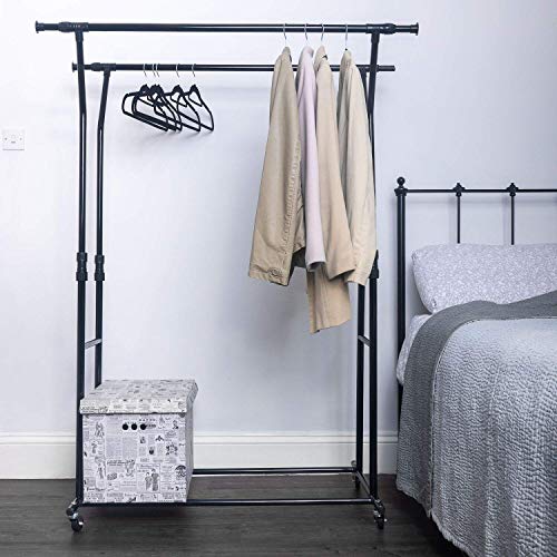 Home Treats Modern Minimalist Double Extendable Clothes Rail On Wheels Adjustable Bedroom, Studio Storage Tidy Rail