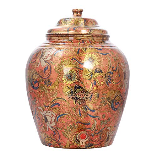 Image of Indian Art Villa Printed Flower Design Copper Water Dispenser Pot Matka, Storage, Home Kitchen Garden, 6 LTR