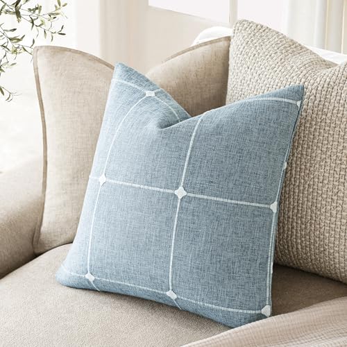 Image of Foindtower Pack of 2 Decorative Faux Linen Jacquard Check Throw Pillow Covers Farmhouse Cushion Cover with Grid Textured Accent Pillowcase for Couch Sofa Living Room Home Decor,16x16 Inch,Light Blue