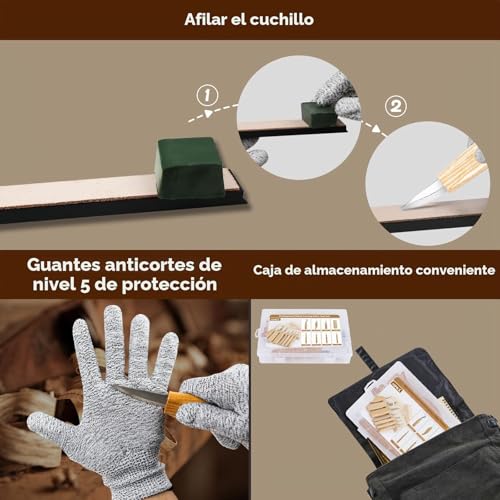 Miniatura 7 de Homca Juego De Herramientas Para Tallar Madera, 23 En 1, Cuchillo De Madera Con Piedras De Afilar, 7 Piezas, Juego De Tallado Para Adultos Y Niños, Con Guantes Resistentes A Los Cortes Registro