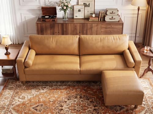 Image of Vesgantti 100 inch Faux Leather Sofa with Movable Ottoman, L Shaped Wide Seating PU Leather Couch with Side Pocket, Comfy Mid Century Modern Modular Sectional Sofa for Living Room, Apartment, Cognac Tan