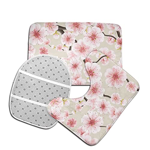 DIRYKILP Badematte + Konturmatte + Toilettendeckelbezug, Rosa Blüte 3 Stück Badematte Set, mit rutschfester Klebeunterseite – Bild 5