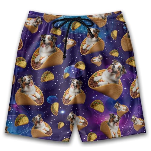 Funny Dog Mens Swim Trunks - Space Taco Hawaiian Mens Shorts Casual - Summer Drawstring Beachwear Shorts PA65