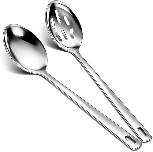 Kyraton Juego de cucharas de cocina de acero inoxidable, cuchara sólida, cuchara ranurada, mango resistente al calor, apto para lavavajillas, fácil