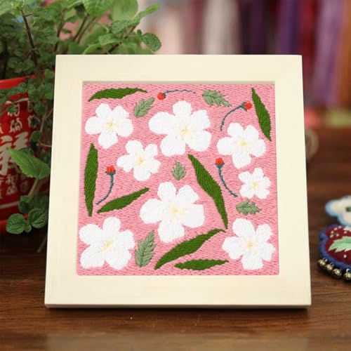 Image of Allazone Punch Needle Embroidery Kit Frame - Square Fabric with Flower Pattern, Hoop, Yarns, Punch Needle (Pink and White)