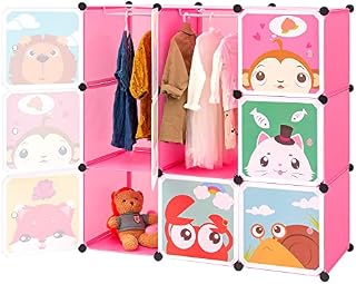 BRIAN & DANY Cartoon Clothes Closet Wardrobe DIY Modular Storage Organizer, 7 Cubes & 1 Hanging Section, Pink, 110 x 47 x 110 cm