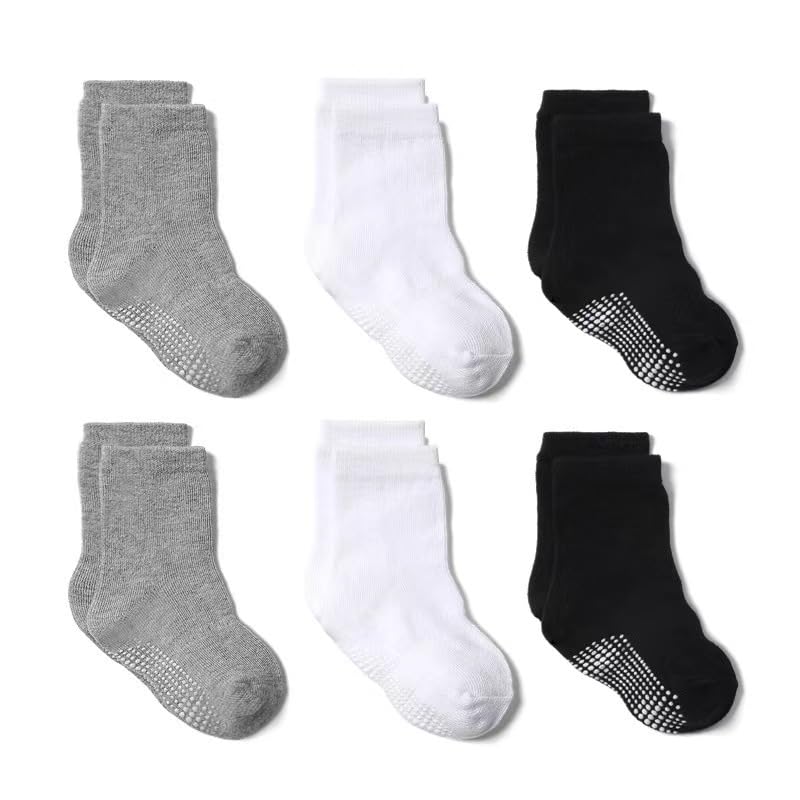 6 Pairs Baby Non Slip Grip Ankle Socks Grip Crew Socks with Anti Skid Soles for Infants Toddlers