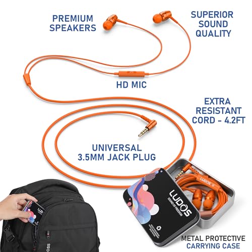 Image of LUDOS OMNITONE Wired Earbuds in-Ear Headphones, 5 Year Warranty, Earphones with Microphone, 3.5 mm Jack Corded Ear Buds, Videoconference for iPhone, Samsung, Laptop, Kids, School Students - Orange
