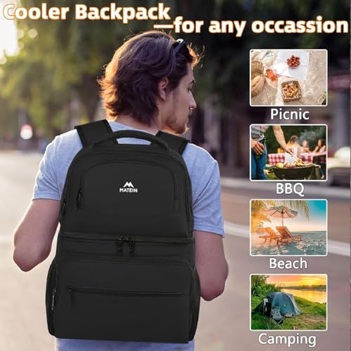 Image of MATEIN Cooler Backpack, 26 Cans Insulated Lunch Backpack for Men Women, Leakproof Double Layer Lunch Cooler Bag Lightweight Soft Lunch Backpack with Cooler Compartment, Beach Camping Hiking Beer Gifts