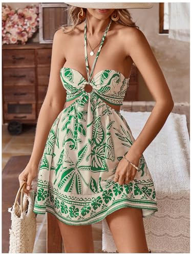 Image of Floerns Women's Floral Halter Neck Vacation Dress Sleeveless Cut Out Boho Cami Dress