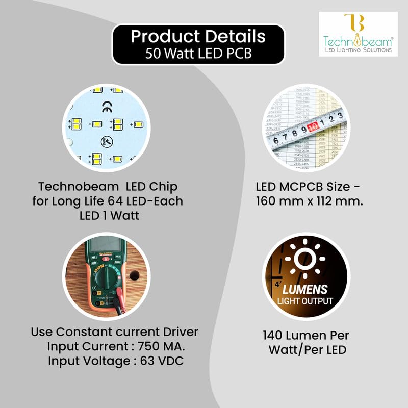 Image of Technobeam 50W LED Plate with Driver for Street Light Repair | Aluminum PCB 1.5mm | 6V 150mA LED Segments | 63V 750mA Driver Included | Durable | Ideal for Street Light Refurbishment,White, Pack of 10