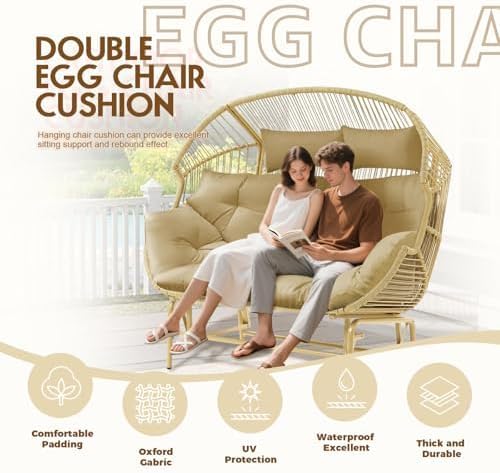 Image of Patio Double Chair Cushion Replacement 55x35in Thickened Memory Foam Large Double Egg Swing Chair Cushions Outdoor Hnaging Basket Egg Chair Cushion 55x35in (Cushion Only) R-11