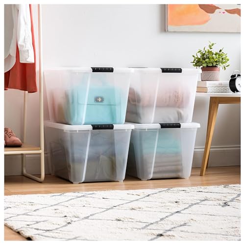 Image of IRIS USA 54 Qt Stackable Plastic Storage Bins with Lids, 8 Pack - BPA-Free, Made in USA - See-Through Organizing Solution, Latches, Durable Nestable Containers, Secure Pull Handle - Clear