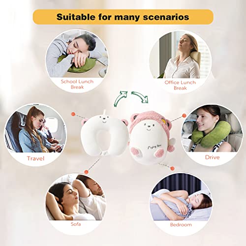 Image of Kids Travel Pillow - 2-in-1 Deformable Kids Neck Pillow for Traveling, Soft U-Shaped Pillow with Adorable Animal Design, Comfy Sleep and Play, Ideal for Airplanes and Cars - Pink Bear