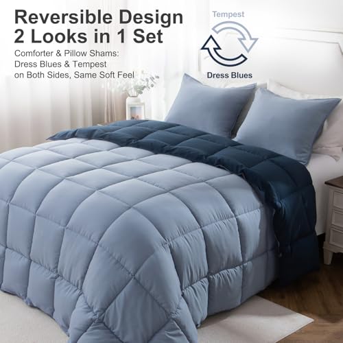 Image of KASENTEX King Comforter Set, Reversible, Goose Down Alternative, All Season | 250 GSM Fill, Ultra-Soft, Lightweight, Machine Washable, 1 Comforter + 2 Pillow Shams, Dress Blues /Tempest