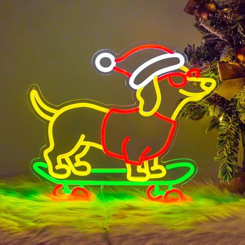 Image of Christmas Neon Sign, Gift for Dachshund Women, Dimmable Dog Lover Gift for Christmas Decorations USB Powered 14.9x13.4in