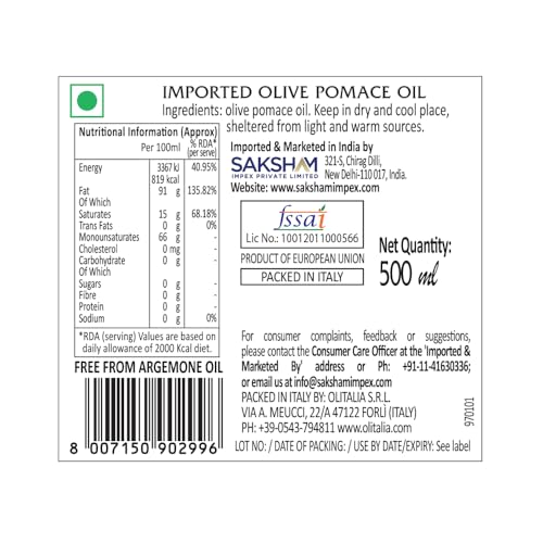 Image of Olitalia Pomace Olive Oil • Light Taste, High Smoke Point Imported Italian Cooking Olive Oil • Ideal for Indian Cooking, Frying, Sauteing & Baking, 16.91 fl oz ℮ 500 ml