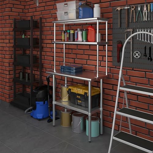 Image of AmGood Stainless Steel Work Table with 12 inch Wide Double Tier Overshelf | Metal Kitchen Prep Table & Shelving Combo | NSF (Stainless Steel Table with Double Overshelves, 36 inch Long x 18 inch Deep)