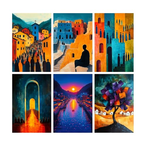 Image of SiddArtify Abstract Village Wall Art Poster Print Set - Modern Architectural Decor for Living Room Office - 12x18 inch Board Pack of 6