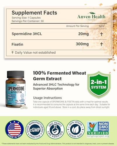 Spermidine & Fisetin Supplement - 20mg of 99% Spermidine Per Serving, 3HCL & 300mg Fisetin for Women Men Cell Renewal, Aging Defense & Longevity, Gluten Free, Non-GMO, Made in USA | 30 Veggie Caps — view 2