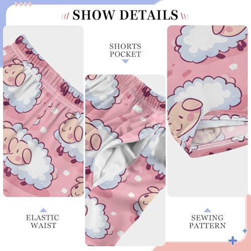 Cute Sheep Sit Cartoon on Pink Background Pajamas Bottoms with Pockets Comfy Pjs Sleepwear Elastic Waistband Pajamas Pants Lounge Pants for 6-14 Years4