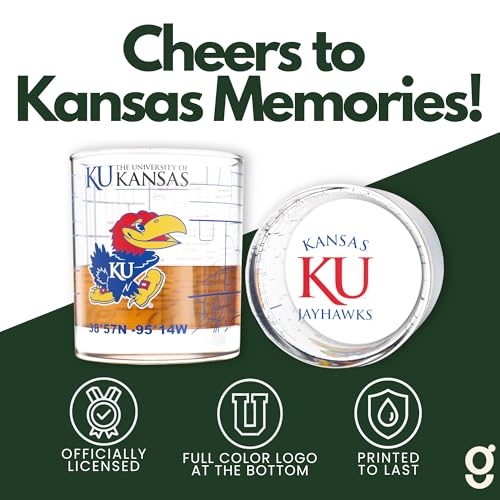 Image of Greenline Goods University of Kansas Jayhawks Whiskey Glasses Set of 2, 10 oz Rocks Glasses with Full-Color Logo & Campus Map - Officially Licensed Bourbon Glass Gift for Alumni & Fans