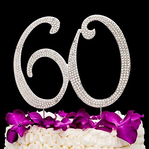 60 Cake Topper for 60th Birthday or Anniversary Silver Party Supplies Decoration Ideas (Silver)