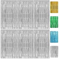 RUGLAMZHIP 6 Stück Lametta Vorhang Silber, 1m x 2m Glitzervorhang Lametta Vorhänge, Glitzer Folien Fransen Metallische Fringe Vorhänge für Deko Geburtstag Deko Hochzeit Party Disco(Silber)