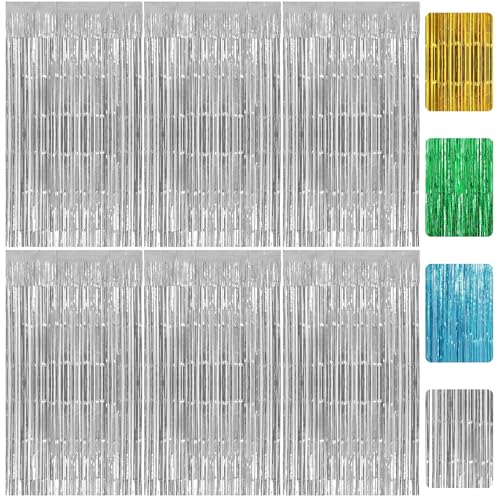 RUGLAMZHIP 6 Stück Lametta Vorhang Silber 1m x 2m Glitzervorhang Lametta Vorhänge Glitzer Folien Fransen Metallische Fringe Vorhänge für Deko Geburtstag Deko Hochzeit Party Disco(Silber)