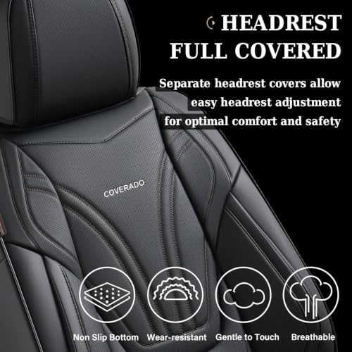 Image of Coverado Car Seat Covers Front Seats, 2 Piece Car Seat Protector with Lumbar Support & Removable Headrest, Breathable Leather Seat Cushion Universal Fit for Truck Automotive Vehicles Black