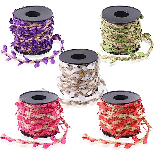 Swpeet Juego de 5 rollos de cinta de hojas de arpillera de 5 colores, 5 mm, 33 pies, cordel de yute natural con hojas de vid artificiales, cinta para decoración de bodas, hogar, jardín, selva, fiesta