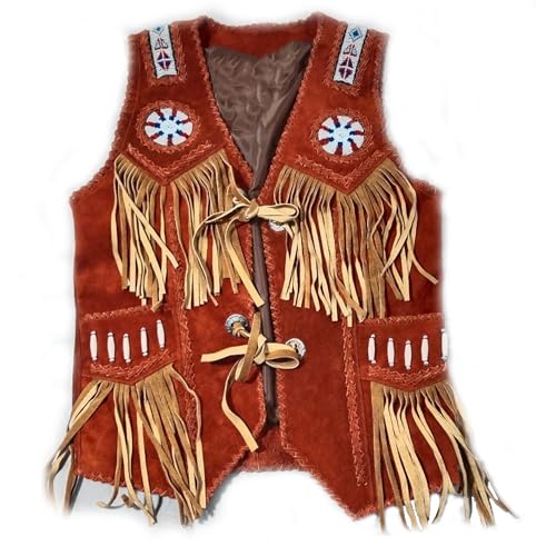 Men's Traditional Cowboy Western Vest | Brown Native American Style Suede Leather Vest Golden Fringe & Bead