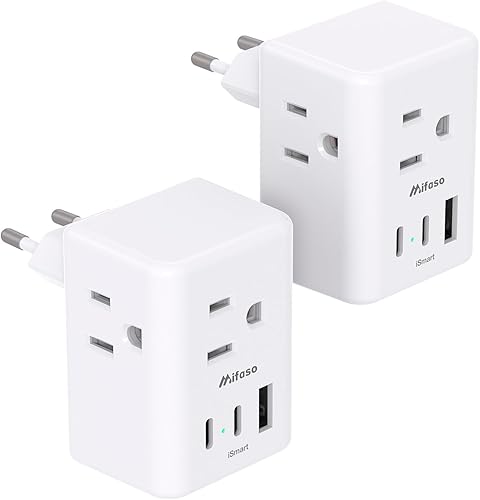 Paquete de 2 adaptadores de enchufe de viaje europeos, adaptador de enchufe internacional con 3 tomas, 3 puertos de carga USB (1 USB C), adaptador