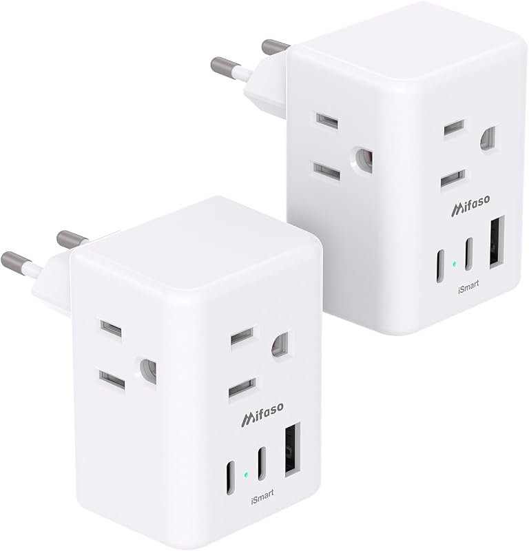 Paquete de 2 adaptadores de enchufe de viaje europeos, adaptador de enchufe internacional | 3 tomacorrientes 3 puertos de carga USB (2 USB C), adaptador de enchufe tipo C Elementos básicos de viaje de Europa a España Italia Francia