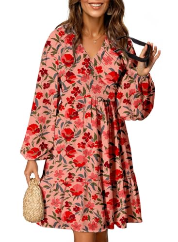 Image of Dokotoo Womens Dresses Boho Floral V Neck Long Sleeve Smocked Elastic Waist Casual A-Line Mini Dress Sundress