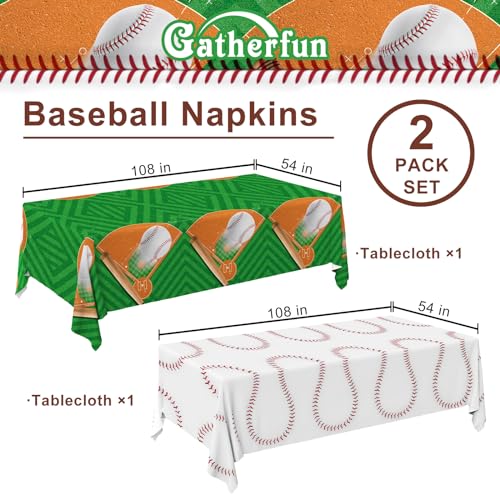 Image of Gatherfun Baseball Party Supplies: 2-Pack Baseball Birthday Decorations with Disposable Plastic Tablecloth - Table Cover for Baseball Games & Parties, 54 x 108 Inch