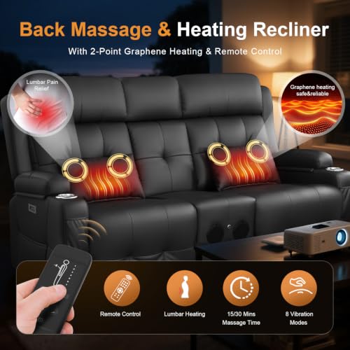 Image of Home Theater Seating, Power Loveseat Recliner Sofa with Massage & Heat, Wall Hugger Reclining Loveseat with USB, RV Couch with LED Lights, Flip Backrest, Cup Holders for Movie Theater & Gaming Room