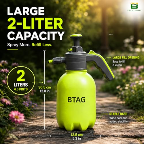 Image of Btag 2L Manual Pressure Spray Pump with Long Nozzle, Adjustable Sprayer for Gardening, Plant Watering & Home Cleaning. (PS002 Green)