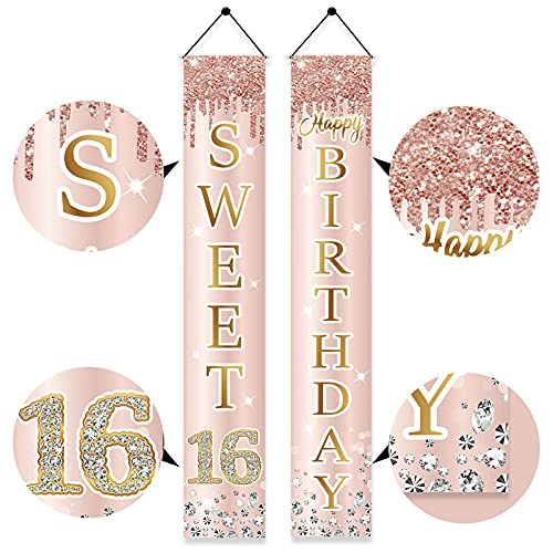 Image of Sweet 16th Birthday Door Banner Decorations for Girls, Pink Rose Gold Sweet 16th Birthday Backdrop Porch Sign Party Supplies, Happy Sweet Sixteen Year Old Birthday Decor for Outdoor Indoor