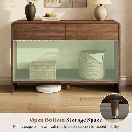 Image of AMERLIFE 55 inch Modern Console Table with 2 Storage Drawers and Open Shelf, Wooden Entryway Table with Curved Edges, Sofa Table Behind Couch for Hallway, Foyer, Entrance, Living Room, Brown