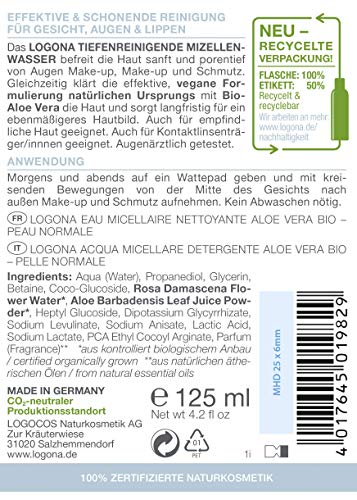 Bio Mizellenwasser von LOGONA Naturkosmetik mit Bio-Aloe Vera, Tiefenreinigendes Mizellen Reinigungswasser für wasserfestes Make-up, Natürlich & Vegan, 125 ml