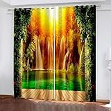 Bishilin Tende a Pannello Decorate, Arancione Verde Marrone Tende Camera da Letto Moderna a Pannello 2 Pannelli Foresta del Sole e Cascata Poliestere 152W x 244L cm
