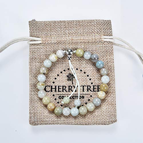 Cherry Tree Collection Mala Bracelet | 8Mm Natural Gemstone Round Beads, Guru Bead, Durable Nylon Cord | Adjustable Length | Men And Women (Amazonite Multi-Color - M/L) #TOP3