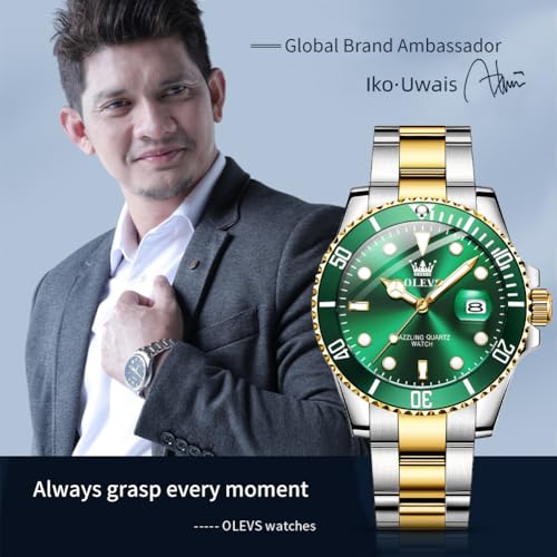 Image of OLEVS Watches for Men Classic with Date Business Dress Luxury Big Face Green /Black /Blue Waterproof Luminous Mens Wrist Watch Analog Two Tone Stainless Steel Men Watch
