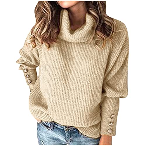 Pullover Rollkragenpullover Oversize,Damen Rollkragen Pullover Oversized Winter Langarm Strickpullover Rollkragenpullover Casual Warm Pulli Lose Gestrickt Elegant Sweater Sweatshirt Khaki M