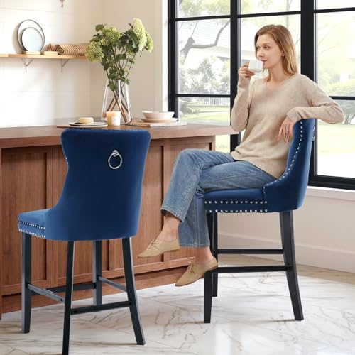 Set de 2 Butacas Velvet SoarNova con Respaldo Alto, Asiento Tapizado y Patas de Madera para Cocina, Color Azul miniatura 3