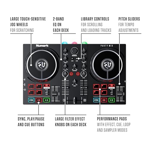 Image of Numark Party Mix II DJ Controller with Built-in Lights | 2-Deck, DJ Mixer, Touch-Capacitive Wheels, Integrated Audio Interface, and Serato DJ Lite