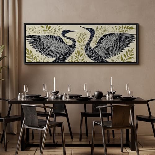 Image of MUDECOR Large Framed Canvas Print Wall Art Modern Crane Birds with Green Botanical Antique Retro Ready to Hang Painting for Living Room Bedroom Multi-Sizes - 60 inchx20 inch