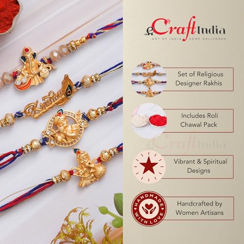 Image of eCraftIndia Set of 4 Golden Laddu Gopal, Lord Krishna Playing Flute, Lord Ganesha, and Shivling Religious Rakhis with Green Red Threads, and Roli Chawal Pack